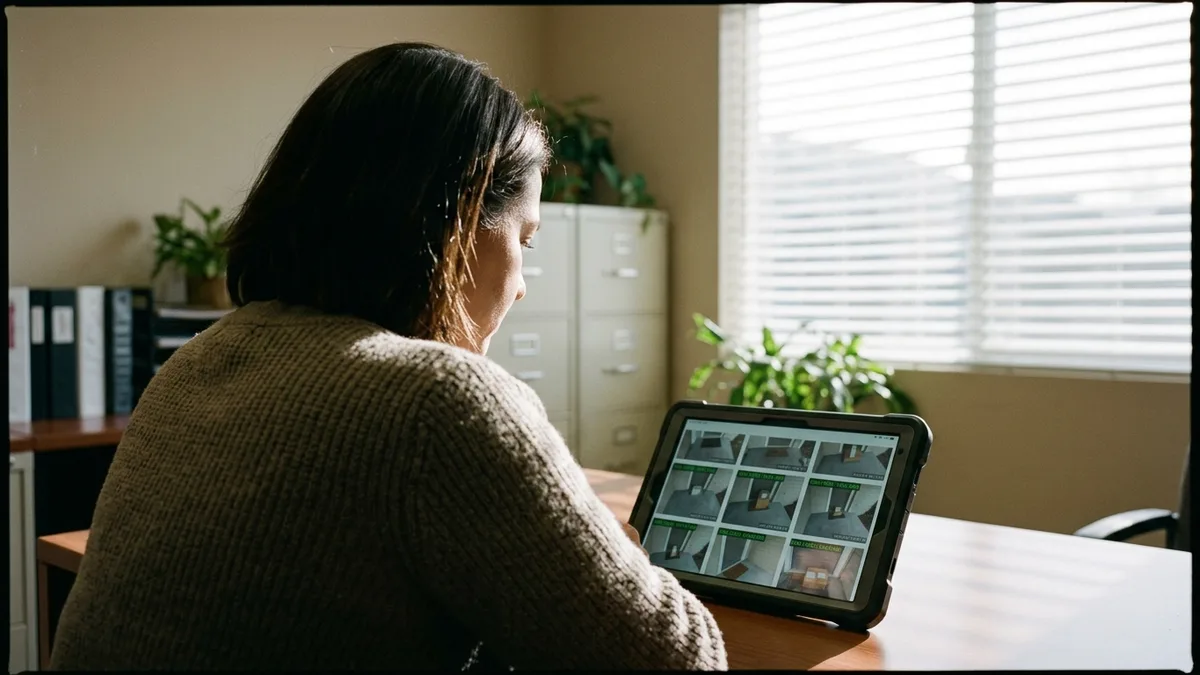 Property manager verifying nightly doorstep trash pickup photo records for apartments