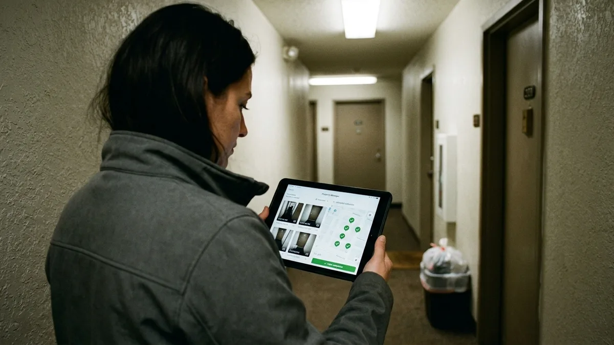 Photo-verified doorstep trash service confirmation for property managers