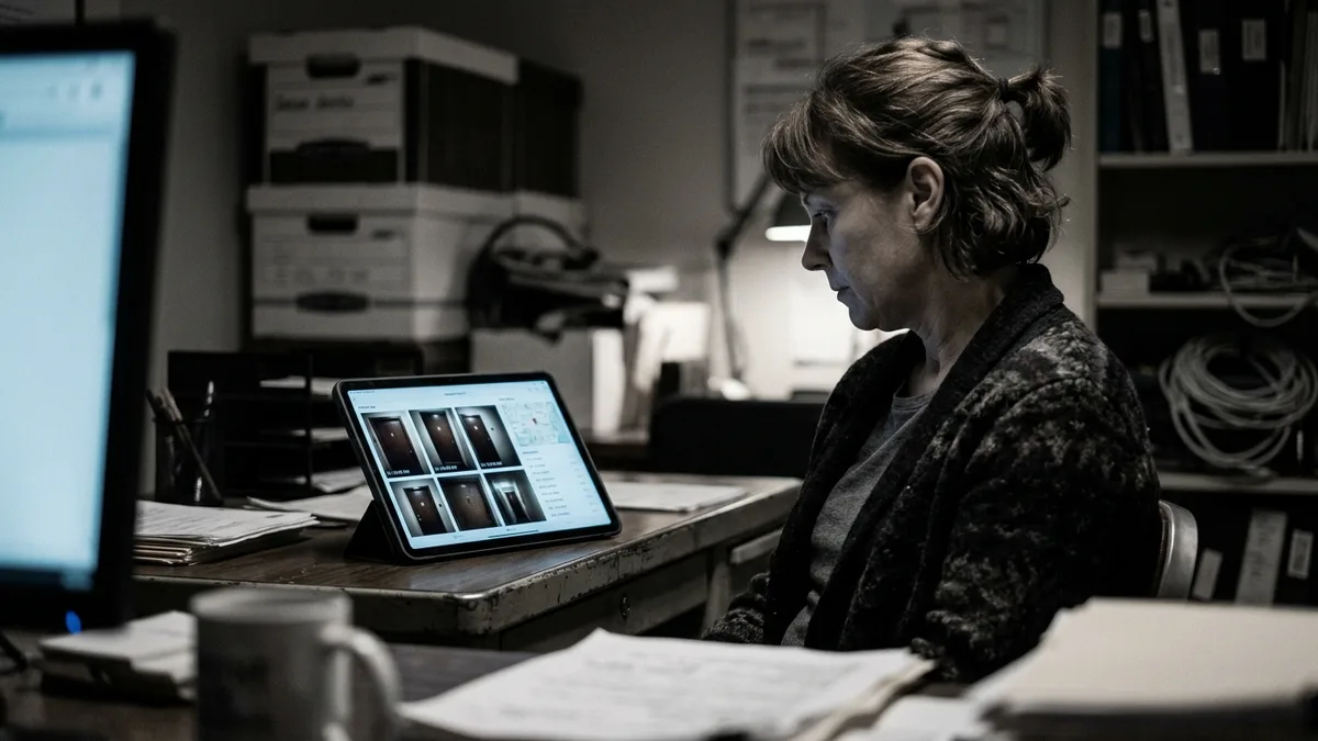 Property manager reviewing photo verification records for property waste services