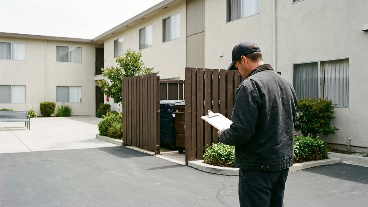 Property manager evaluating valet waste service standards for a multifamily community