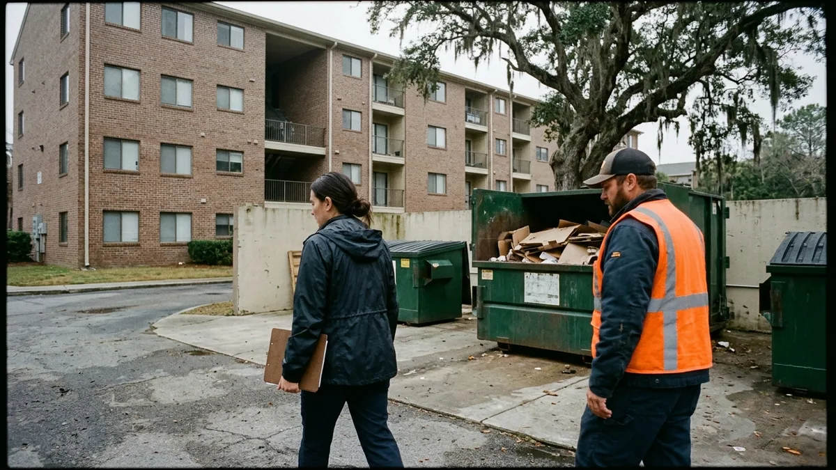 Property manager reviewing waste and recycling service options for a multifamily community
