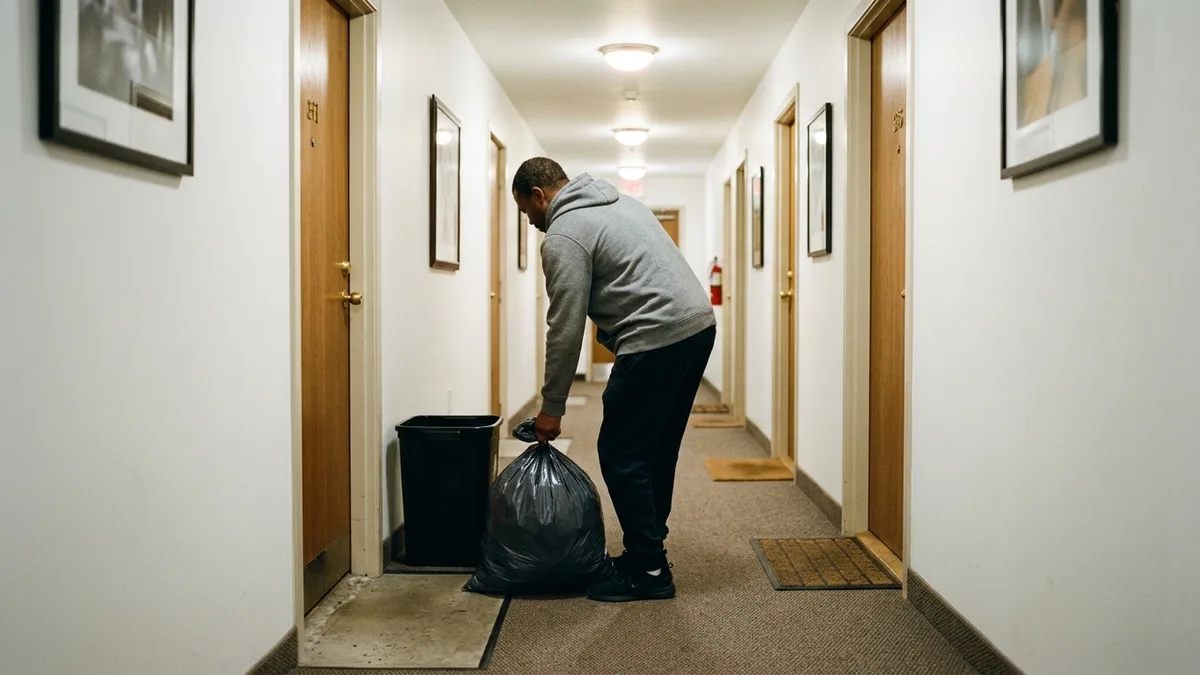 Doorstep trash valet service bin outside apartment unit door