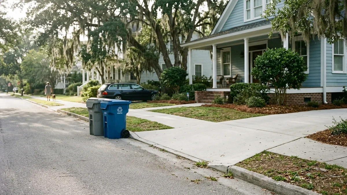 Clean Charleston driveway showing valet garbage services bin management for residential homeowners