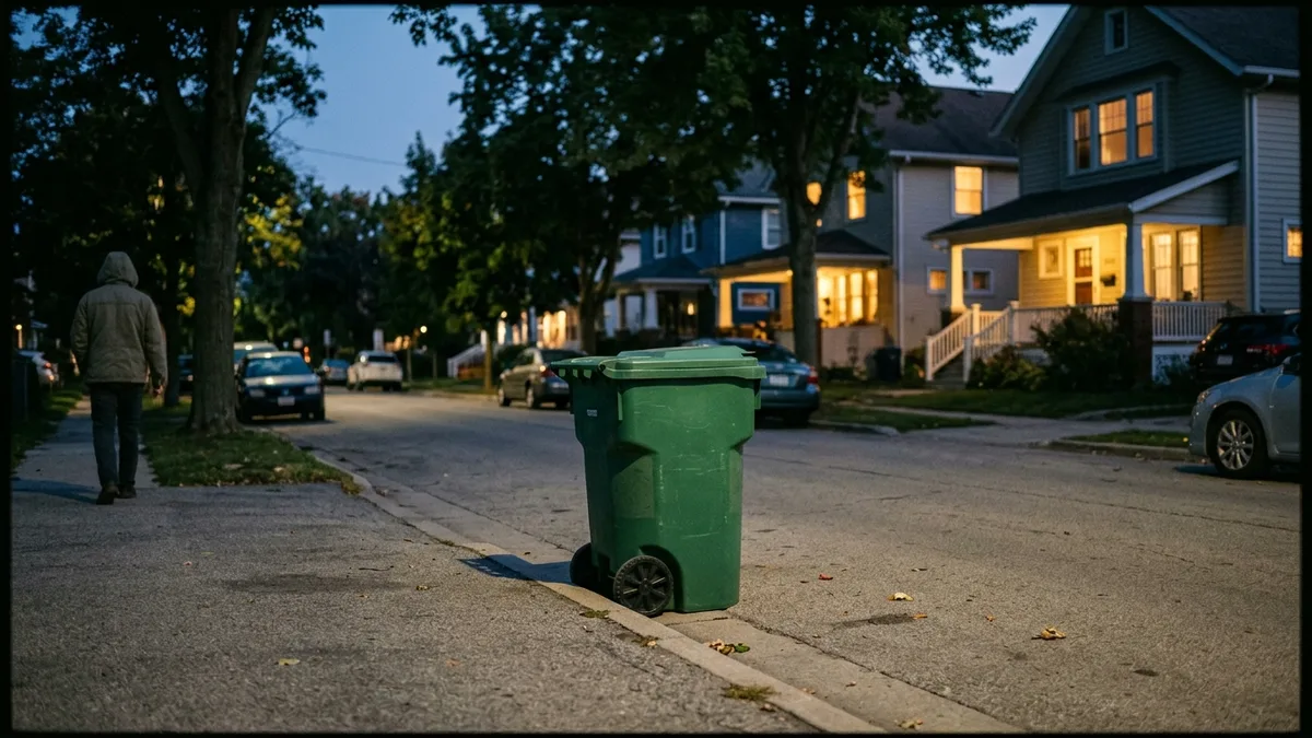 Charleston County trash pickup curbside cart placement at dusk