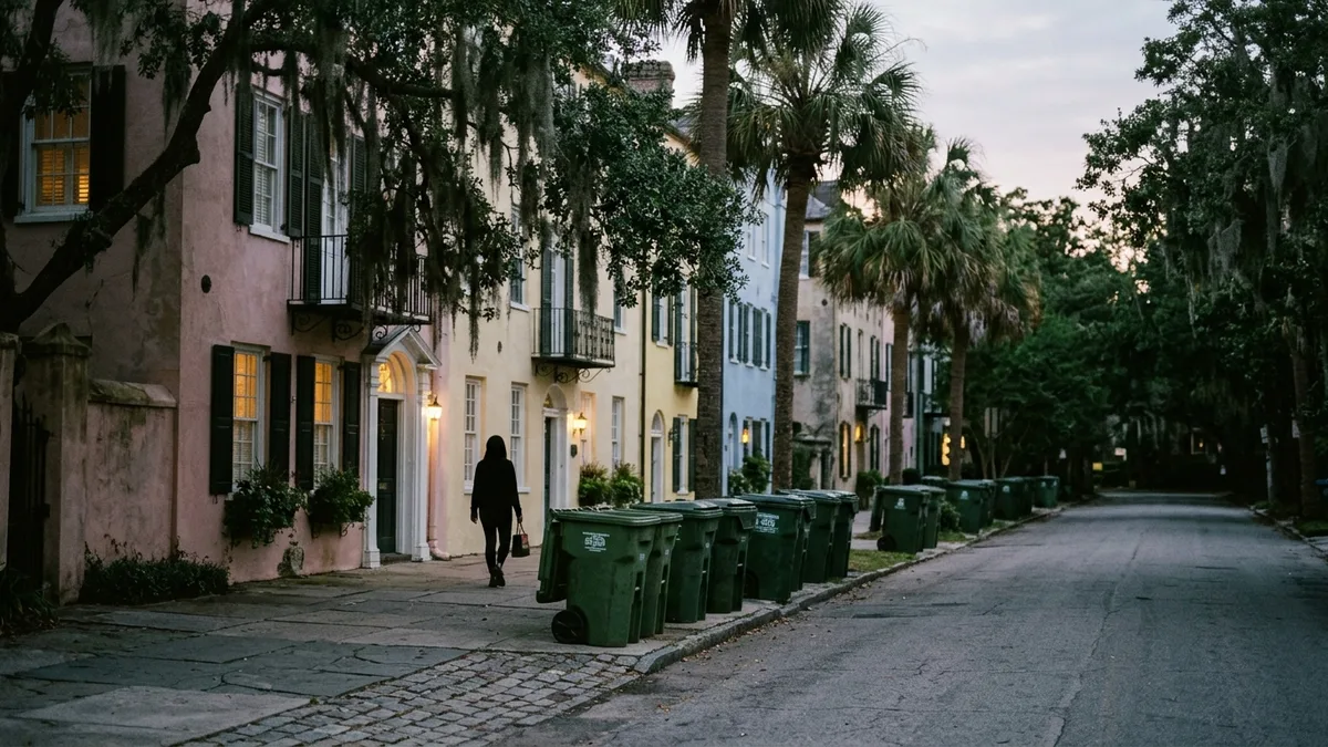 Local garbage pick up carts at the curb on a Charleston SC street