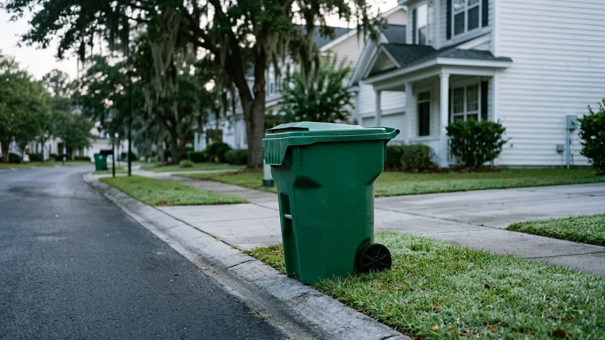 Can to curb service bin placed at the curb before morning pickup in Charleston SC