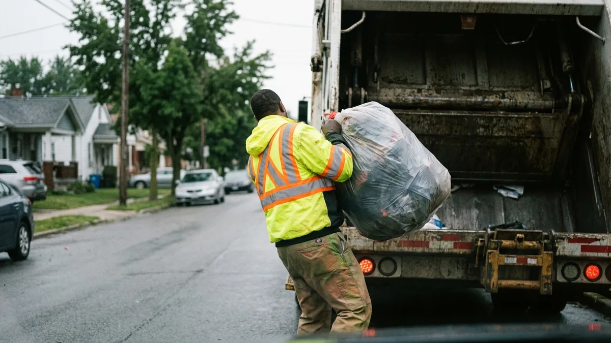 Waste collector lifting bins during a residential morning route