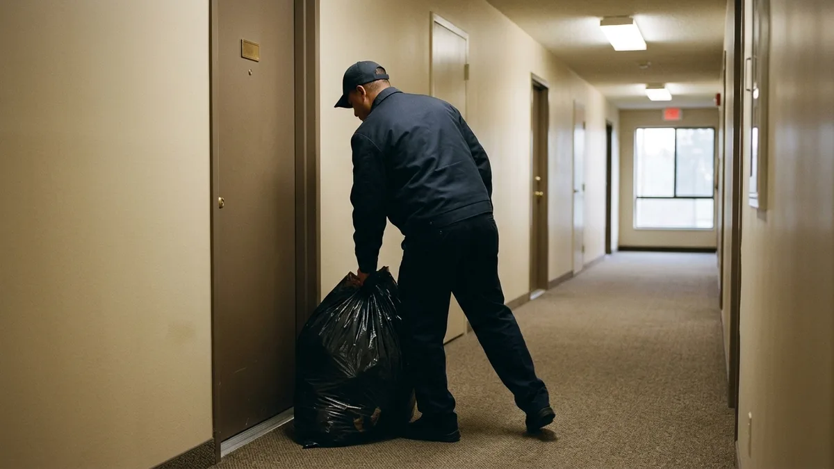 Valet trash services attendant collecting doorstep bags in apartment hallway