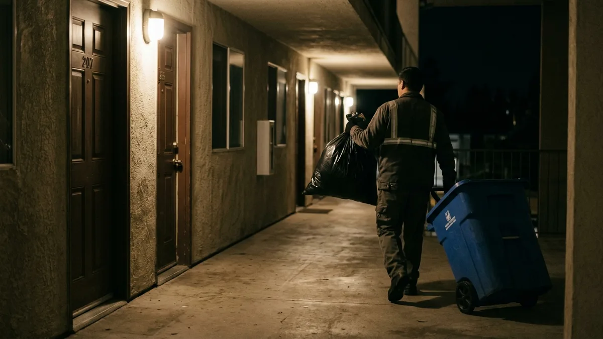 Nightly valet garbage services collection crew at multifamily apartment community