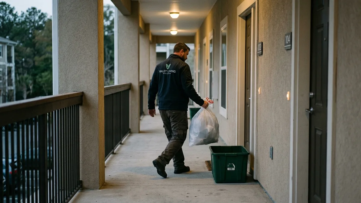 Valet trash service collecting doorstep bins in a Mount Pleasant apartment community
