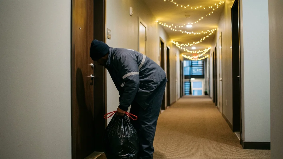 Concierge trash service courier completing a nightly doorstep pickup