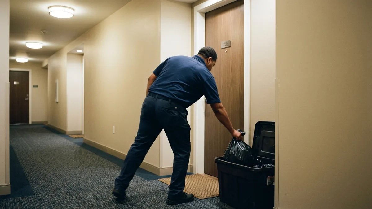 Doorstep trash service crew collecting bagged waste at an apartment door