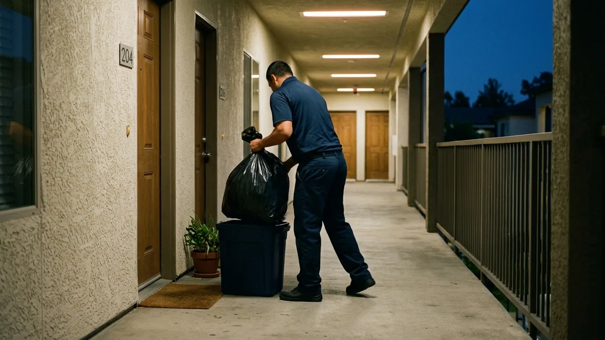 Allied trash collection crew servicing an apartment doorstep at night