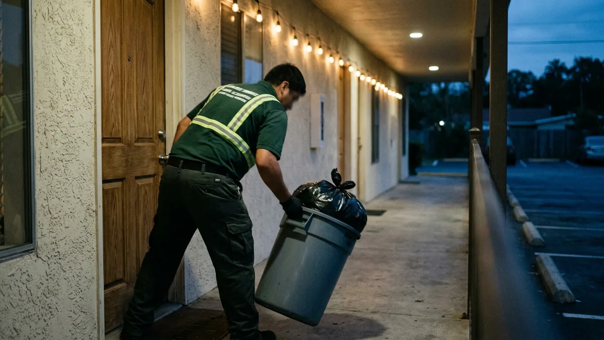 Doorstep trash collection crew member picking up bagged waste at an apartment door