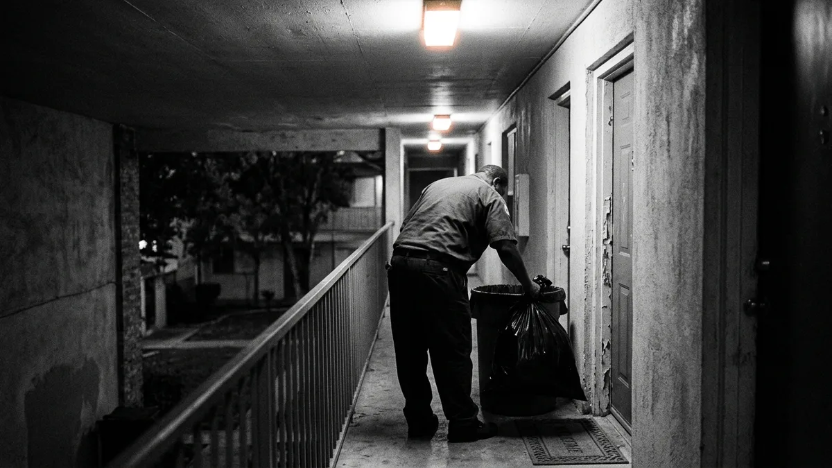 Uniformed crew performing doorstep trash collection at an apartment community door in North Charleston