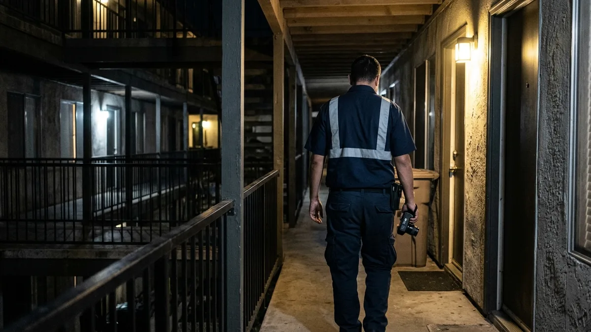 Nightly doorstep trash pickup crew photo-verifying apartment collection