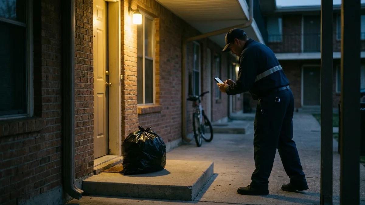 Doorstep details valet trash photo verification at apartment door