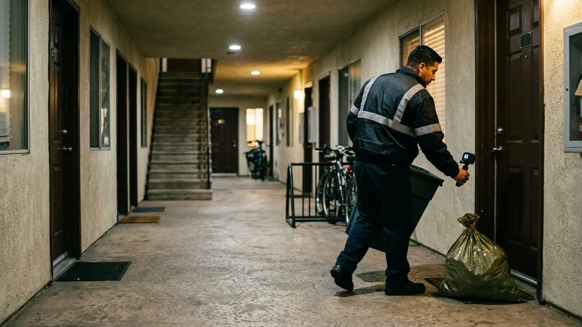 Trash butler technician completing photo-verified doorstep valet trash collection at night