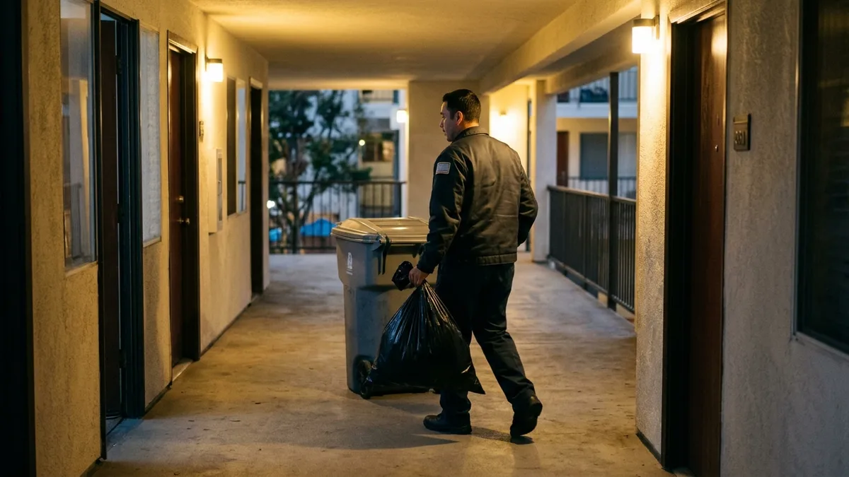apartment trash collector making nightly rounds in a multifamily breezeway