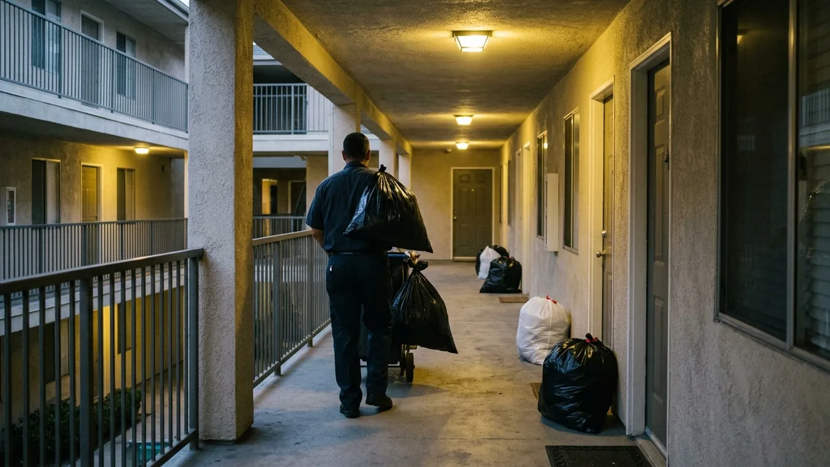 Valet trash technician maintaining curb appeal with nightly doorstep pickup