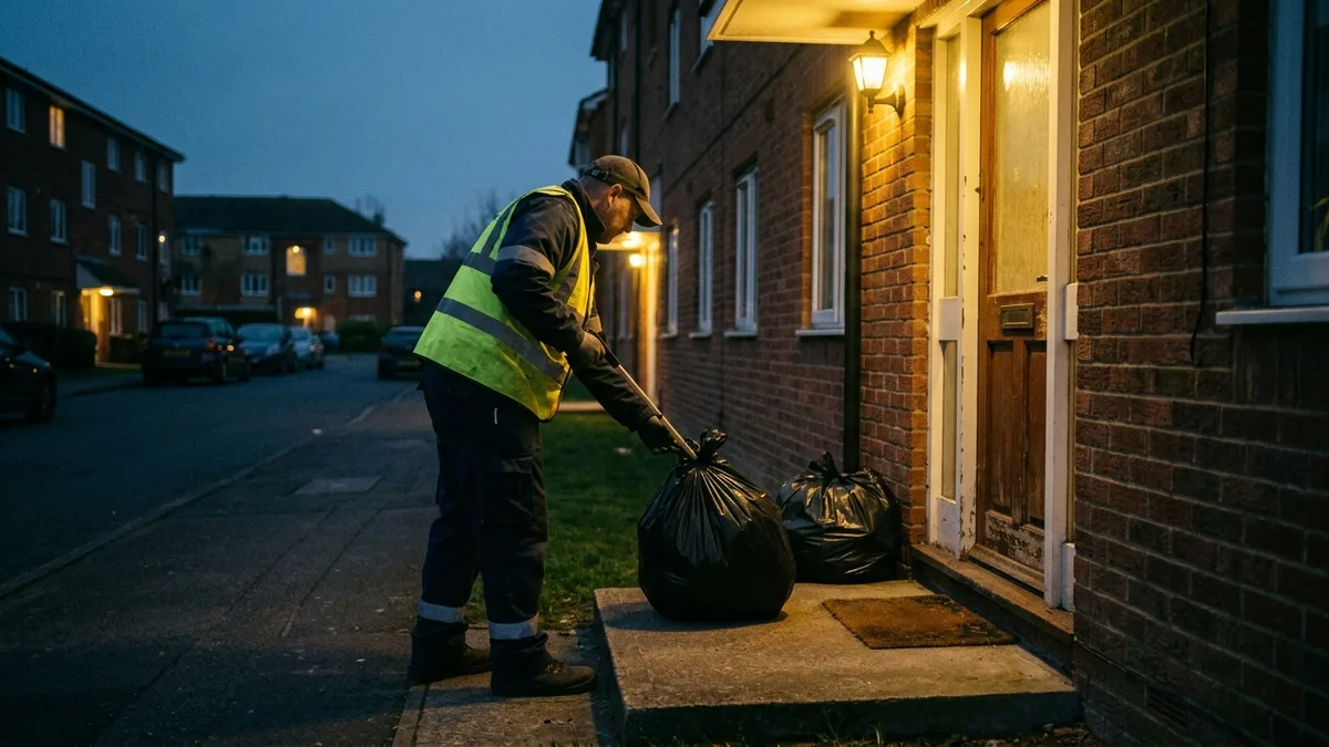 Service valet crew collecting doorstep trash at a Charleston apartment community