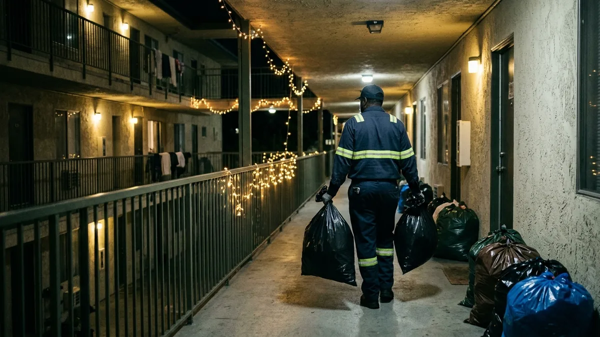 Lowcountry valet trash crew collecting doorstep waste at night