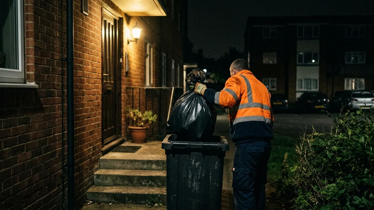 Waste collectors performing nightly doorstep valet trash pickup at an apartment community