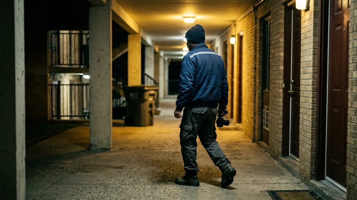 Collectors trash technician documenting nightly valet pickup at an apartment door