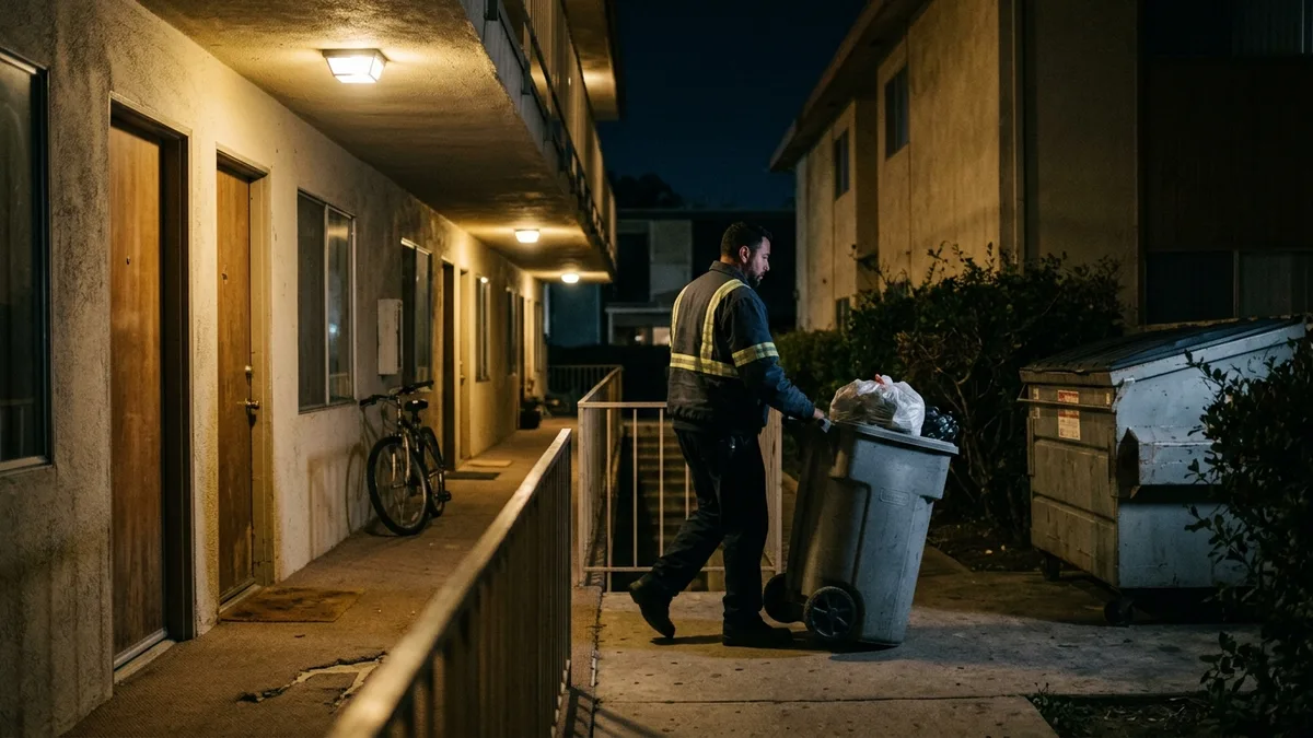Valet trash technician collecting trash kans at a North Charleston apartment community