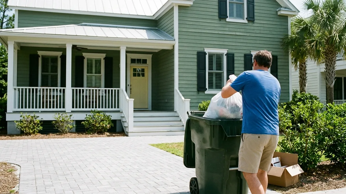 Short-term rental hosts managing trash between guest turnovers at a Charleston property
