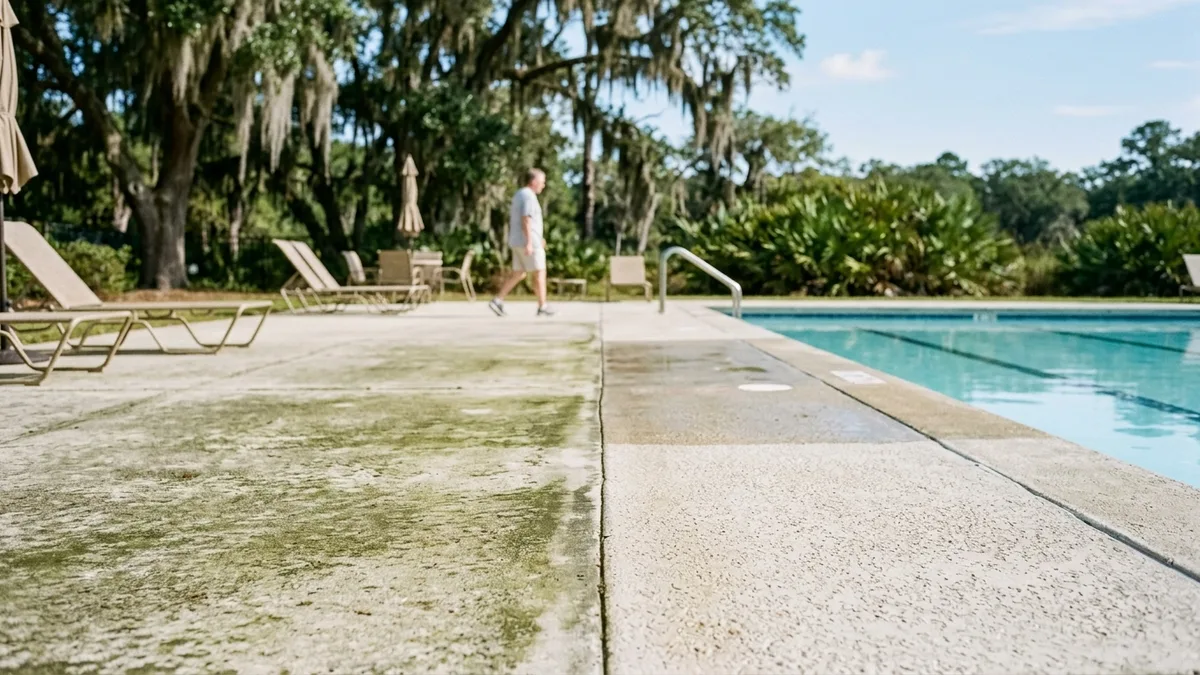 HOA pressure washing results on a community sidewalk and pool deck
