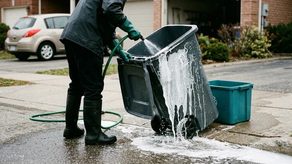 Professional trash can cleaner washing a residential bin after pickup