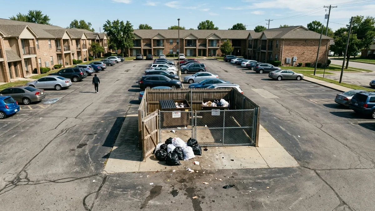 Traditional dumpster service overflow at an apartment community compared to valet trash