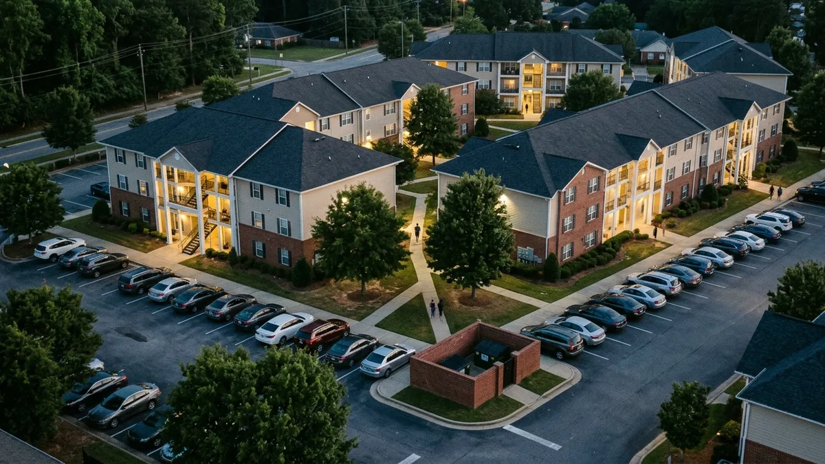 Apartment community waste operations with valet trash service across breezeways