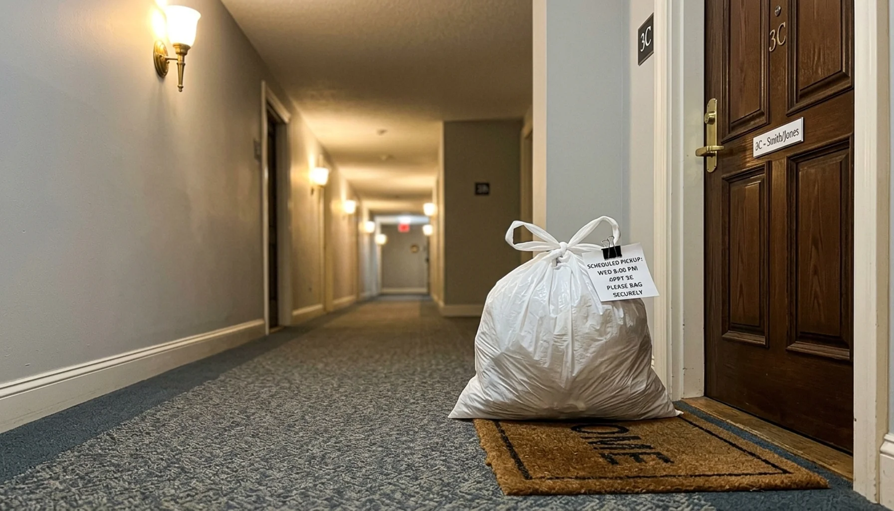 Bagged trash on apartment doormat ready for trash valet services pickup in a residential hallway
