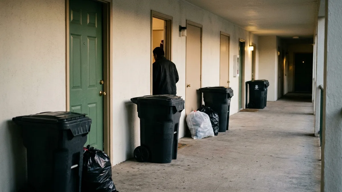 Doorstep trash collection staged at a Charleston apartment breezeway