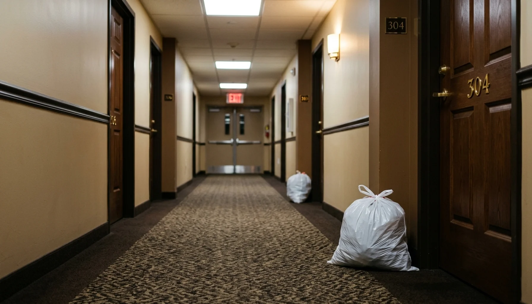 Bagged trash set outside apartment doors ready for nightly valet pickup to reduce trash pickup coordination