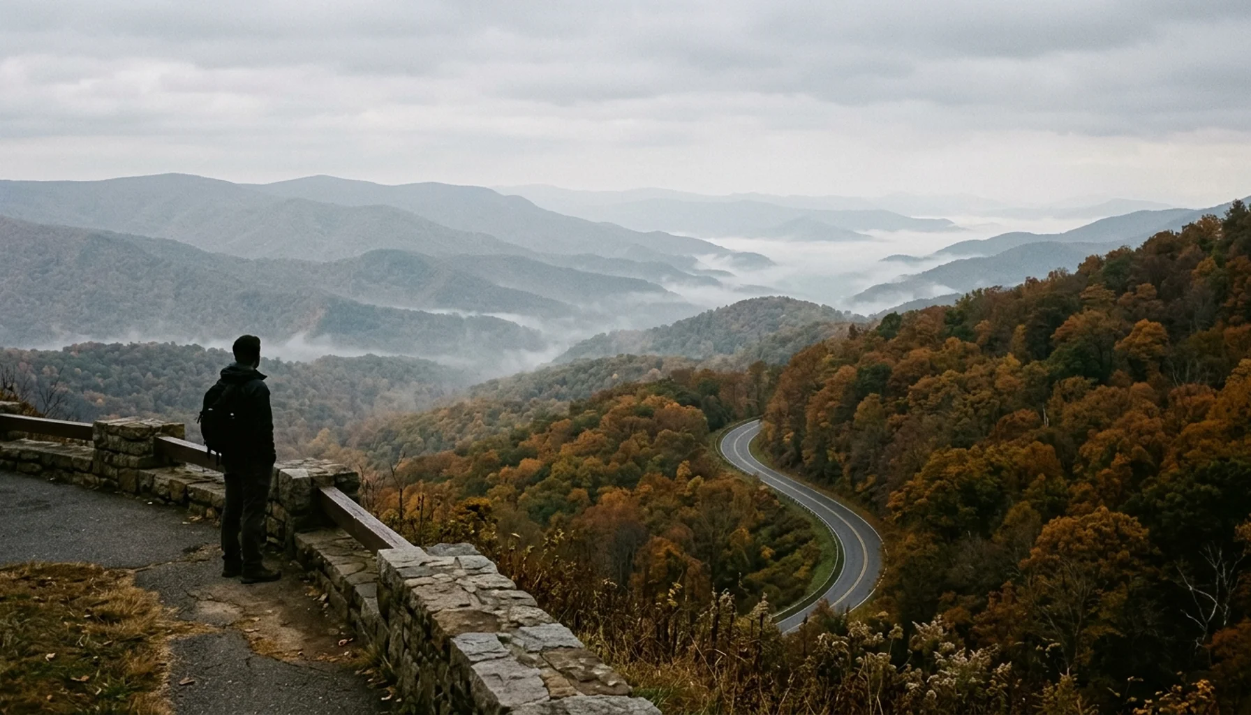 Skyline Drive overlook with autumn foliage along Shenandoah National Park hiking trails, misty Blue Ridge ridgelines