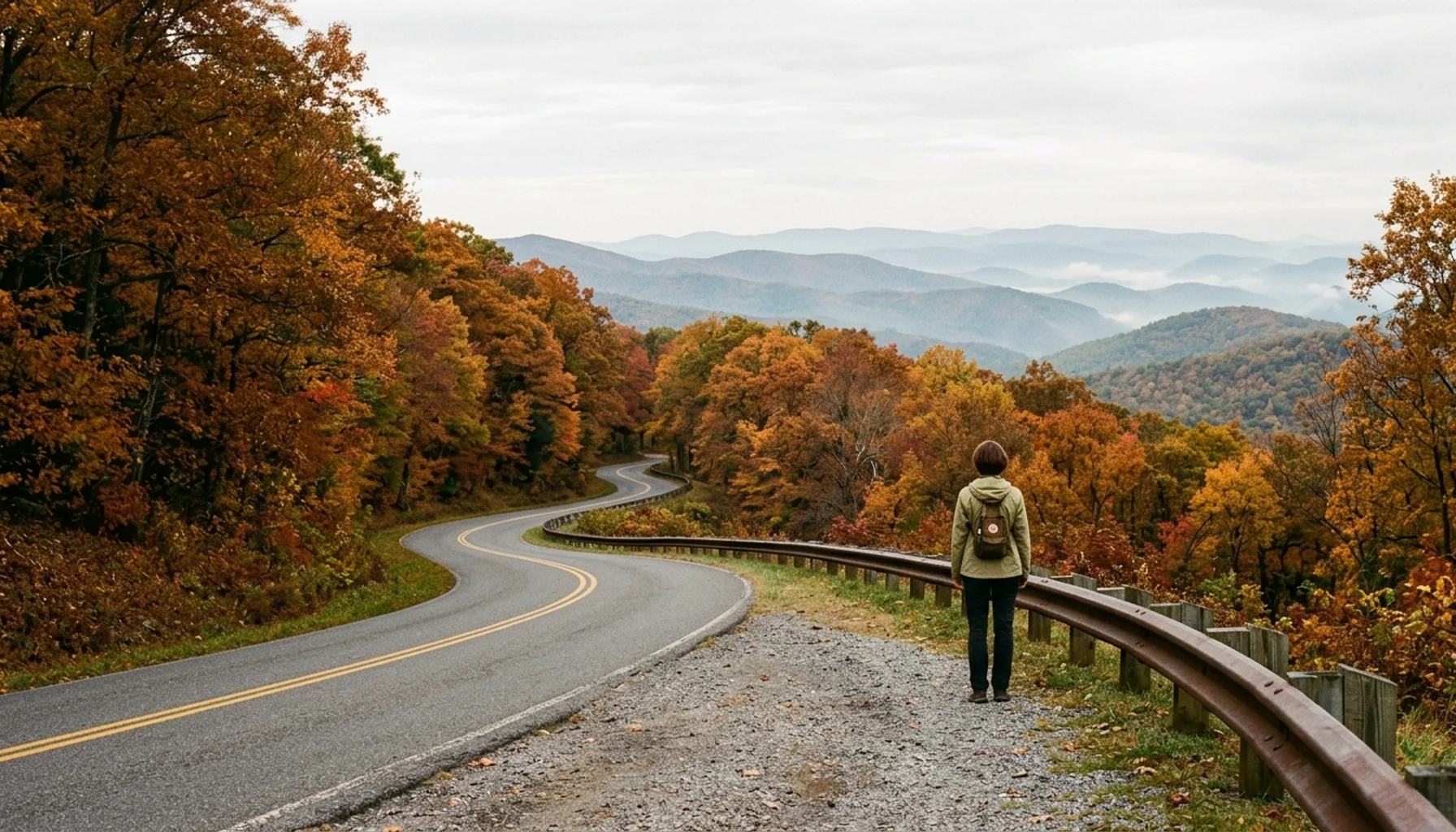 Skyline Drive curving through Blue Ridge Mountains fall foliage in Shenandoah Valley National Park