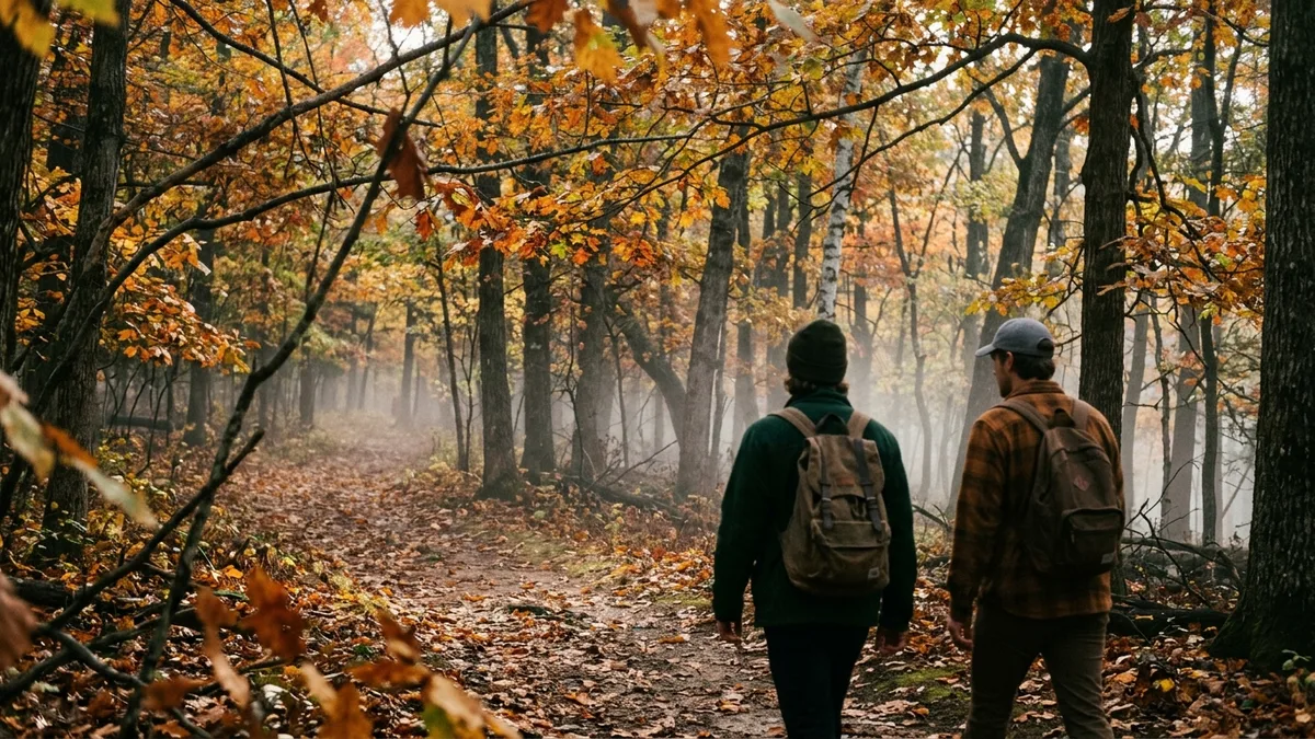 Virginia hardwood forest trail in autumn golden light, hiking near Shenandoah National Park fall foliage season