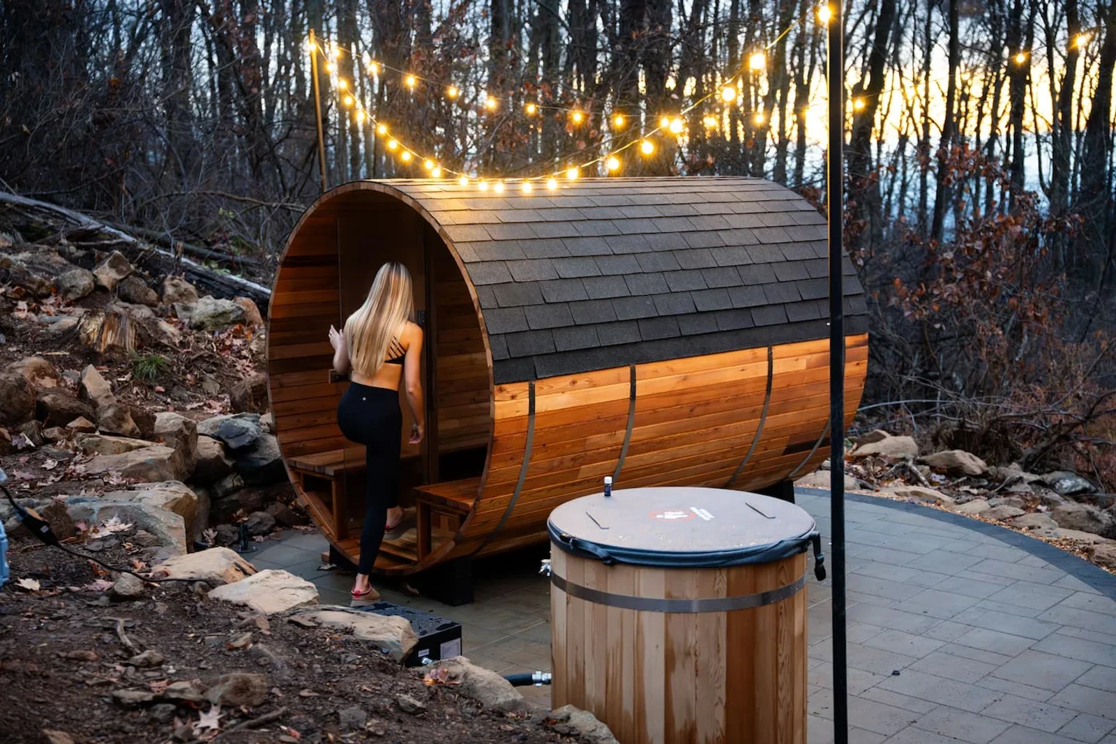 Barrel sauna and ice bath for a weekend getaway Shenandoah Farms wellness stay