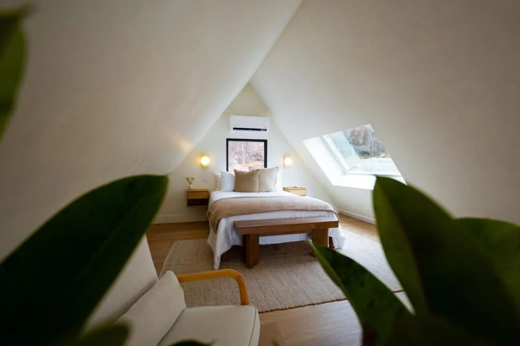 Cozy attic bedroom with skylight, queen bed, and potted plants at Royal Oak Retreat cabin rental in Shenandoah Valley