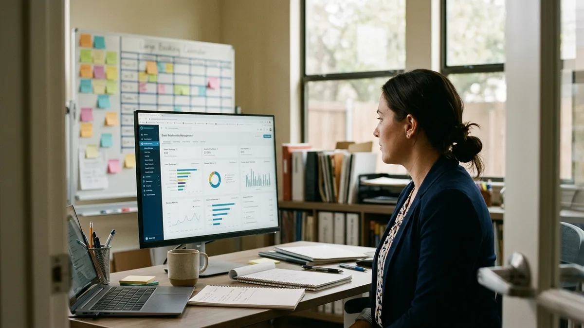 short term rental host reviewing CRM dashboard to own guest data from Airbnb direct bookings