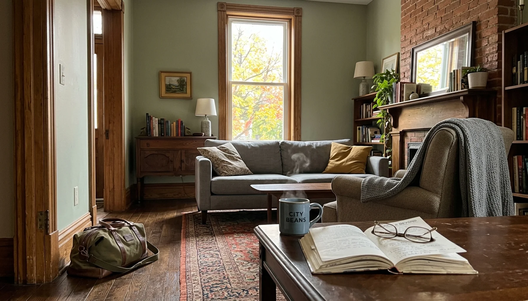 Sunny Louisville rental living room with fall foliage outside, a good setting for the best time to visit Louisville KY