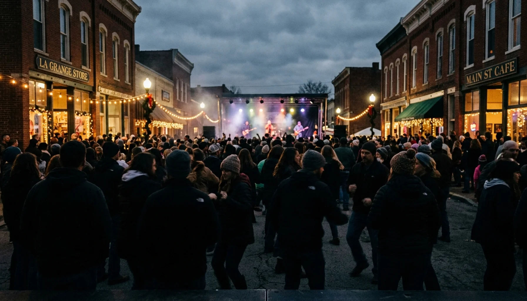 Crowd at a downtown La Grange KY street event with stage haze glowing over Main Street silhouettes
