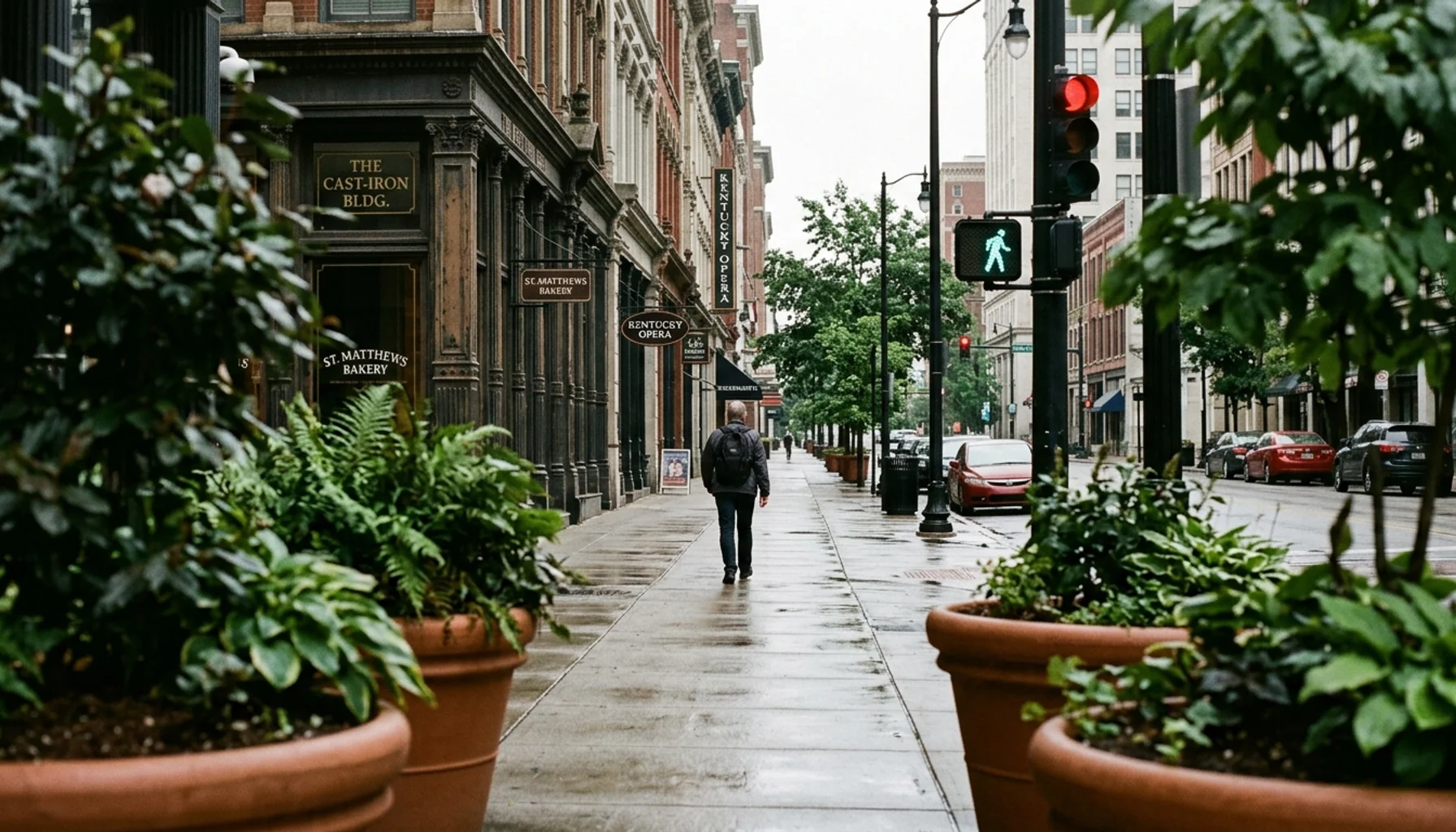 Is downtown Louisville walkable? A pedestrian strolls a historic cast-iron storefront sidewalk on a mild overcast morning