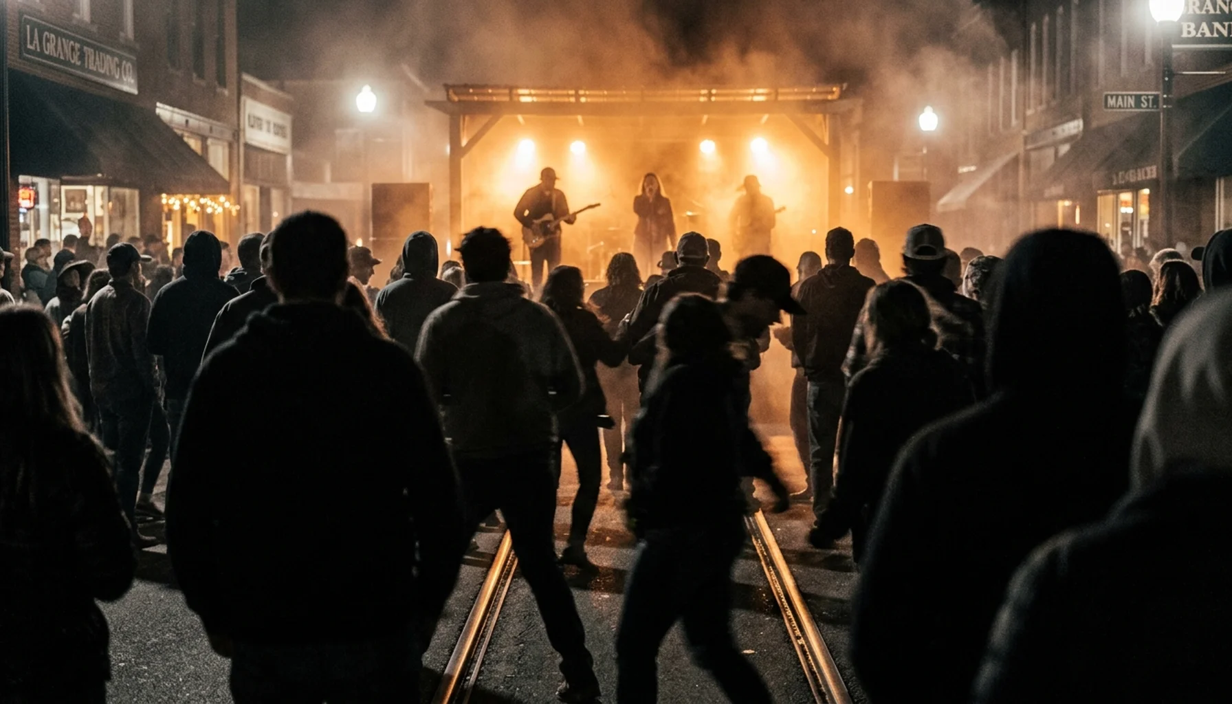 Crowd silhouettes at a La Grange, KY evening event, a top stop on any la grange bucket list