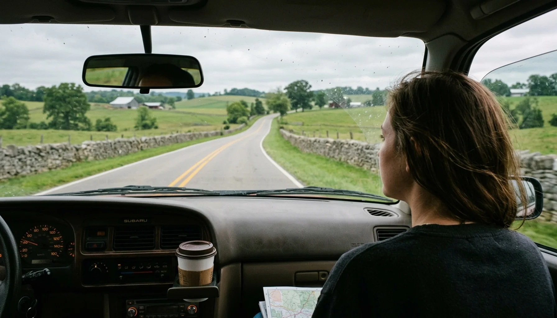 Backseat view of a scenic Kentucky highway drive, one of the classic Louisville day trips to bourbon country