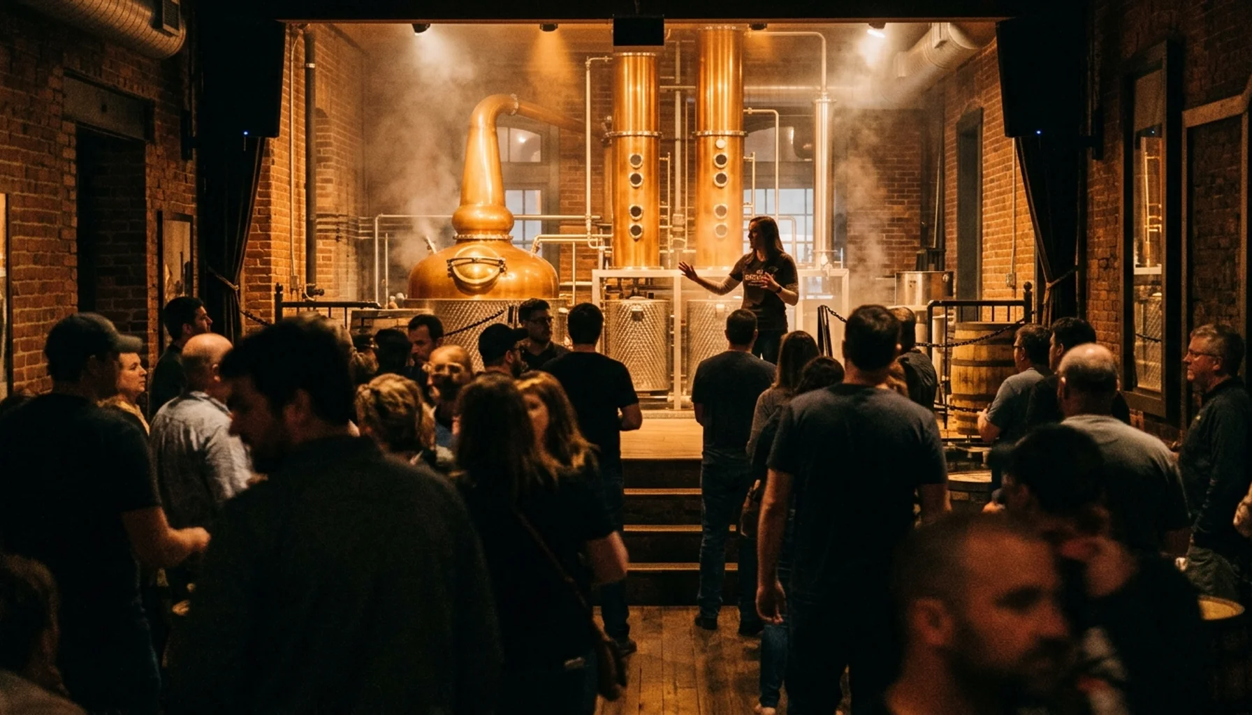 Crowded tasting room at one of Louisville distilleries on Whiskey Row during a busy guided tour