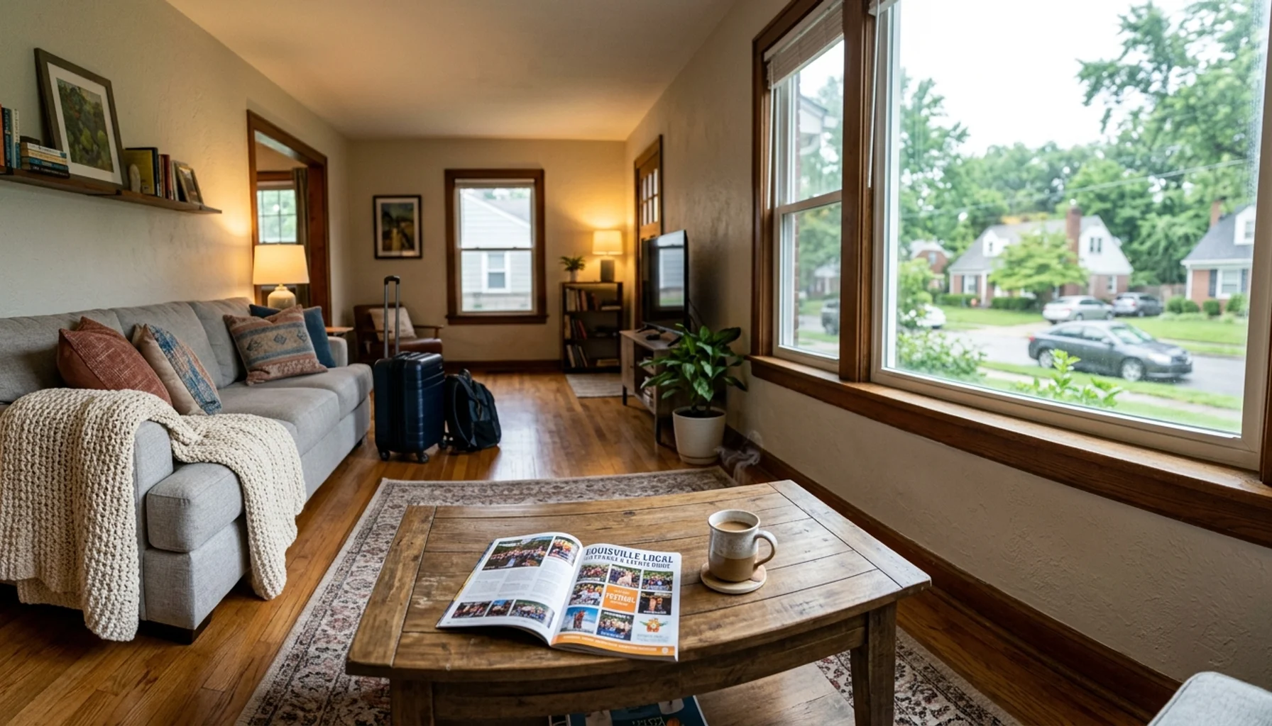 Cozy Louisville vacation rental living room with festival guidebook, perfect for guests attending Louisville festivals